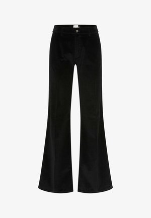 Zwarte corduroy flared broek met een hoge taille, voorsluiting met knoop en subtiele ribbelstructuur. Losse pasvorm met wijde benen.