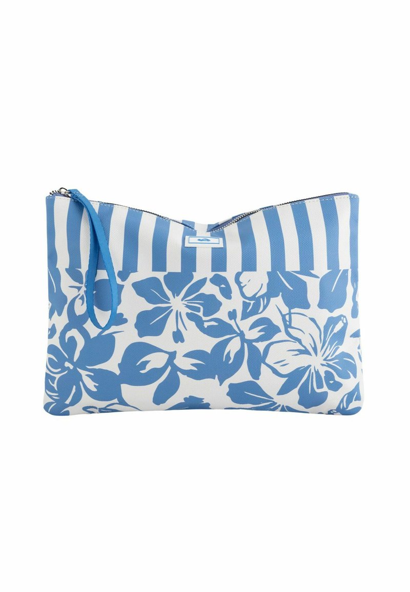 Geantă tip clutch cu imprimeu floral în nuanțe de albastru și alb, cu dungi orizontale, închidere cu fermoar și o curea de încheiere asortată, de culoare albastră. Material texturat, durabil.