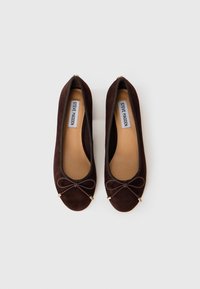 Pair of dark brown suede ballet flats with front bows and tan insoles labeled "Steve Madden," arranged side by side on a white background.
