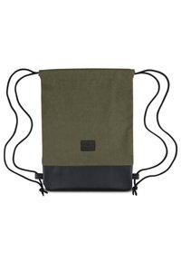 Olíva zöld anyagú húzószáron záródó táska fekete vízálló alappal, kisméretű logóval és állítható zsinór pántokkal.
