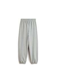 Gray sweatpants made of soft fabric, featuring an elastic waistband and elastic cuffs at the ankles. Simple, streamlined design.