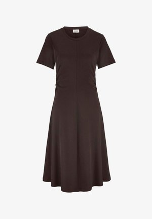 Schwarzes, kurzärmeliges, knielanges Kleid mit rundem Ausschnitt und dezenter Seitenraffung zur Taillendefinition.