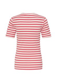 T-shirt rayé rouge et blanc à manches courtes, col rond et coupe ajustée, fabriqué en tissu de coton doux.