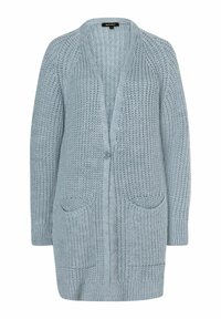 Cardigan lavorato a maglia blu chiaro con una vestibilità ampia, caratterizzato da una scollatura a V, chiusura con un solo bottone e due tasche frontali. Tessuto morbido e testurizzato.