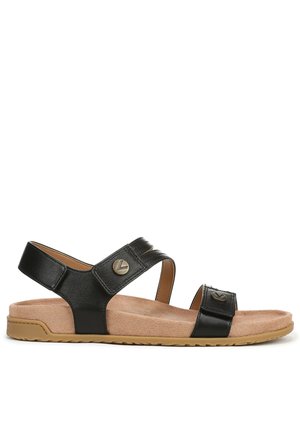 Black leather sandals featuring two adjustable straps, a textured footbed, and rubber outsole with a light brown base. Accented with a logo.