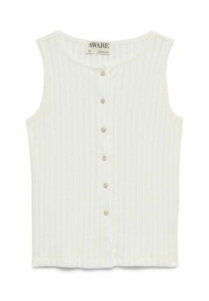 Haut sans manches blanc en maille côtelée avec encolure ronde et six petits boutons beige sur le devant.