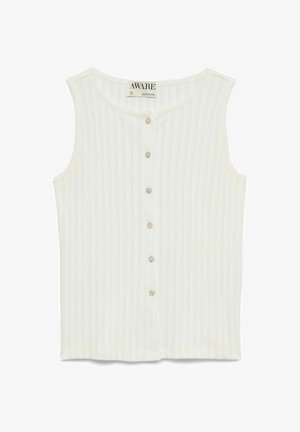 Haut sans manches blanc en maille côtelée avec encolure ronde et six petits boutons beige sur le devant.