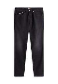 Črne jeans hlače iz jeansa z ravnim krojem, z dodatkom sprednjega žepa, kovinskega gumba in rahlim bledenjem. Gladek tekstura in trpežen material.