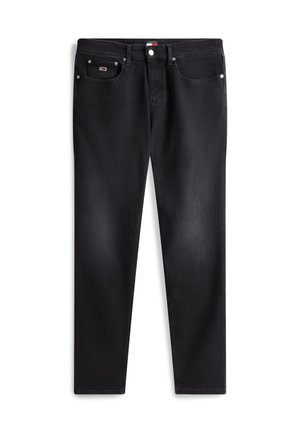 Schwarze Jeans aus Denim mit geradem Schnitt, ausgestattet mit einer vorderen Tasche, Metallknopf und dezentem Ausbleichen. Glatte Textur und strapazierfähiger Stoff.