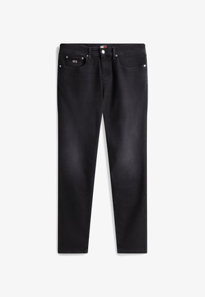 Black denim jeans with a straight cut, featuring a front pocket, metal button, and subtle fading. Smooth texture and durable fabric.