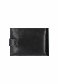 Czarny skórzany portfel o gładkiej fakturze, prostokątnym kształcie i z bocznym zapięciem. Posiada kontrastowe przeszycia wzdłuż krawędzi.