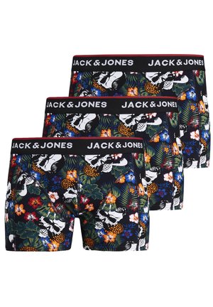 Herren Boxershorts mit schwarzem Grundton und einem lebhaften Blumen- und Totenkopf-Muster. Elastischer Bund mit "JACK & JONES"-Markenlogo obendrauf.