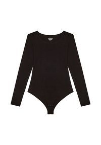 Czarny bodysuit z długim rękawem, okrągłym dekoltem i zatrzaskami na dole. Wykonany z gładkiego, elastycznego materiału. Prosty i dopasowany krój.