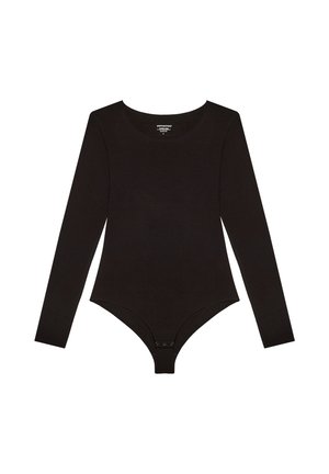 Bodysuit negro de mangas largas con cuello redondo y cierres de presión en la parte inferior. Fabricado en un tejido suave y elástico. Diseño simple y ajustado.