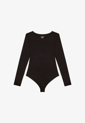 Bodysuit negro de mangas largas con cuello redondo y cierres de presión en la parte inferior. Fabricado en un tejido suave y elástico. Diseño simple y ajustado.