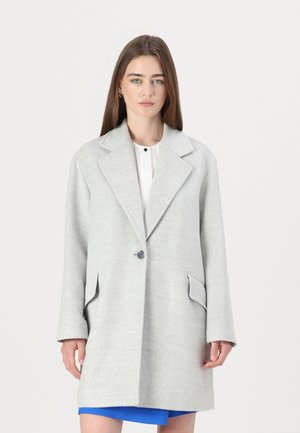 Light gray wool coat with a notched collar, single button closure, and two front pockets. The sleeves are slightly oversized.