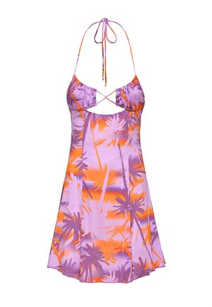 Vestito con stampa tropicale viola e arancione, collo halter con schiena scoperta e gonna fluida.