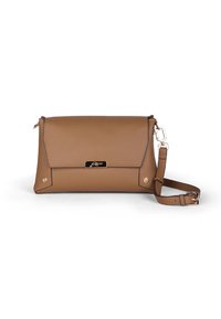 Braune Kunstlederhandtasche mit umklappbarem Deckel, goldfarbener Hardware und abnehmbarem Schulterriemen. Verfügt über dekorative Nähte und Nieten.