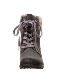 Graue Schnürstiefel mit Kunstfellbesatz, aus Wildledermaterial, runder Zehenform, strukturierten Oberflächen und flacher Gummisohle. Verfügt über ein auffälliges Schnürsystem.