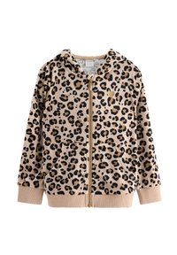 Veste beige à capuche avec imprimé léopard noir et marron, fermeture éclair à l'avant, poignets et ourlet côtelés, et poches à l'avant.