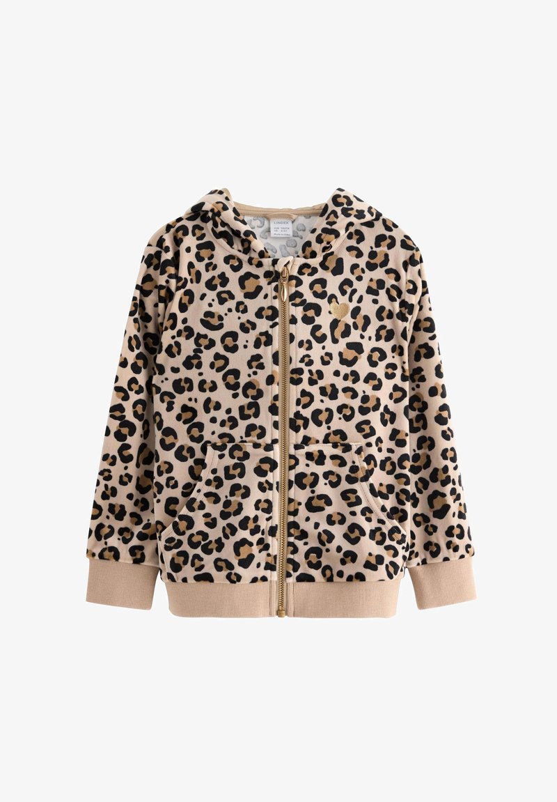 Καπιτονέ μπεζ μπουφάν με μαύρο και καφέ λεοπάρ σχεδίαση, μπροστινό φερμουάρ, πλεκτές μανσέτες και στρίφωμα, καθώς και μπροστινές τσέπες.