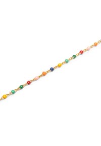 Braccialetto in oro con perle tonde multicolori nei toni di rosa, verde, giallo, blu, arancione e rosso, distribuite uniformemente lungo la catena.