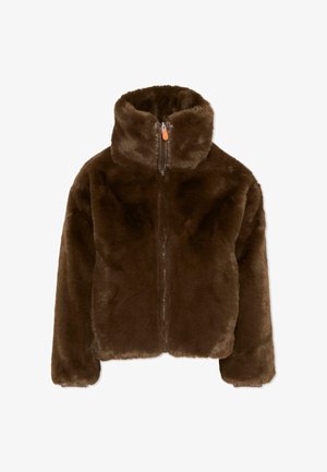 Veste en fausse fourrure marron avec un col montant, fermeture éclair à l'avant et une texture douce. Dotée de manches longues et d'une silhouette cropped.