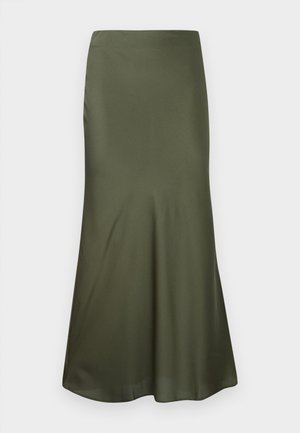 Olive green, fitted midi skirt made of satin fabric, flaring at the hem, displayed against a white background.