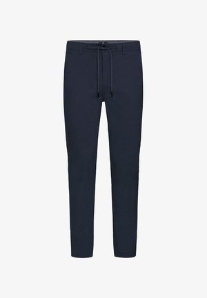 Námořnické modré nohavice vyrobené z měkkého materiálu s pasem na šňůrku, tapered nohama a bez viditelných vzorů nebo ozdob.