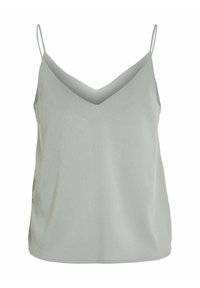 Saténová camisole v svetlozelenkej farbe, s výstrihom do V a tenkými nastaviteľnými ramienkami, so hladkým, mierne textúrovaným povrchom.