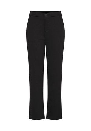 Melni taisni bikses ar jostu, pogu aizdari un sānu kabatām, izliktas uz baltā fona.