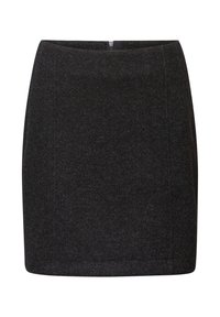 Zwarte mini-rok van gestructureerde stof met een nauwsluitende pasvorm, voorzien van een rits aan de achterkant en strakke naden. Simpel design zonder zichtbare patronen.