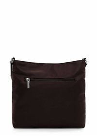 Dark brown nylon crossbody bag with a zippered front pocket, silver hardware, and adjustable strap. Smooth texture, casual design.