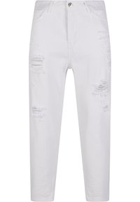 Baltas denim džinsi ar brīvu piegriezumu, kas izceļas ar nolietotām detaļām un saplēstiem akcentiem. Standarta piecu kabatu dizains ar rāvējslēdzēju.