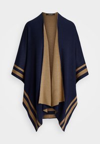 Cappa tricot reversibile blu navy e cammello con apertura frontale e doppie righe orizzontali vicino ai bordi e alle maniche.