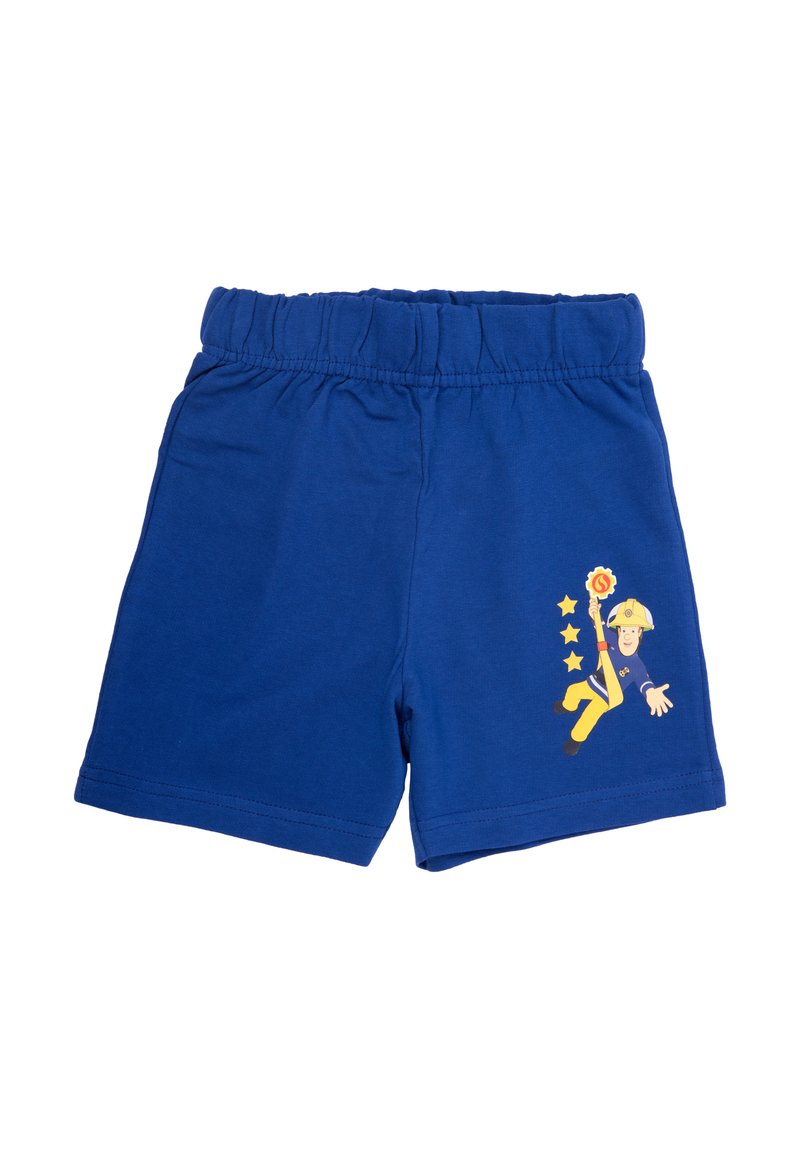 Blue cotton shorts with an elastic waistband, featuring a colorful cartoon character and stars printed on the side.