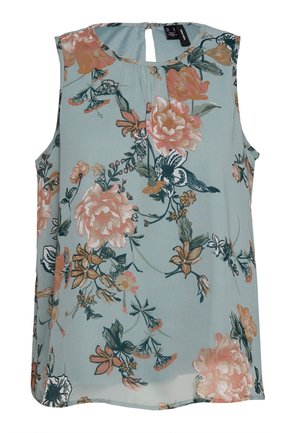 Ärmellose hellblaue Bluse mit Pfirsich- und dunkelgrünen Blumenmustern, rundem Ausschnitt mit kleinem Schlüsselloch hinten.