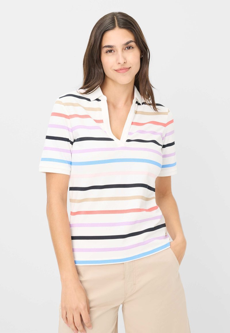 Gestreepte polo in het wit, met horizontale lijnen in zwart, roze, blauw, paars en beige; korte mouwen en een kraag met een V-hals.