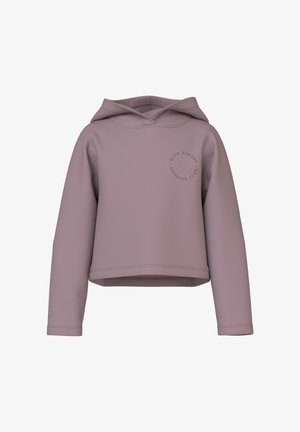 Felpa corta color lilla chiaro realizzata in tessuto morbido; presenta una stampa del logo sul davanti e un cappuccio con coulisse. Maniche lunghe con orli a costine.