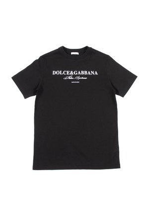 T-shirt nera in cotone con maniche corte, colletto rotondo e logo stampato bianco sul fronte. Design minimalista con una texture liscia.