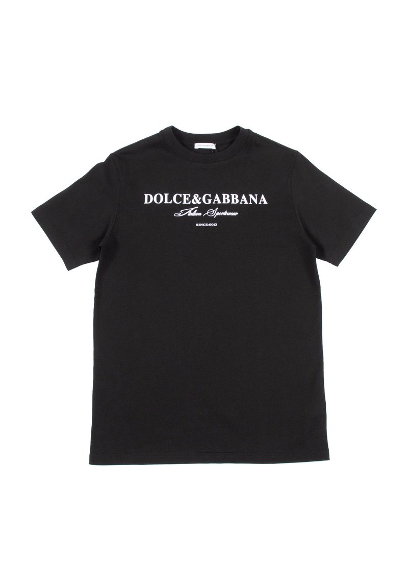 T-shirt nera in cotone con maniche corte, colletto rotondo e logo stampato bianco sul fronte. Design minimalista con una texture liscia.