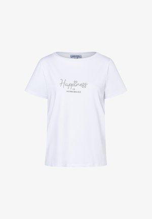 Wit katoenen T-shirt met korte mouwen, met de tekst "Happiness is Homemade" versierd met strassteentjes aan de voorkant.