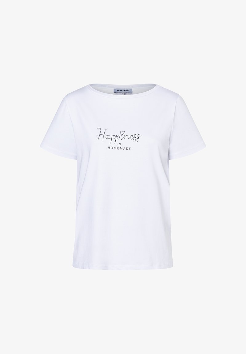 Weißes Baumwoll-T-Shirt mit kurzen Ärmeln, auf der Vorderseite mit dem Schriftzug "Happiness is Homemade" verziert mit Strasssteinen.
