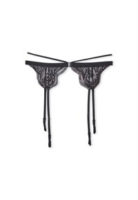 Ce porte-jarretelles en dentelle noire présente des motifs floraux complexes, des bretelles réglables et des fermetures métalliques pour un maintien sécurisé.