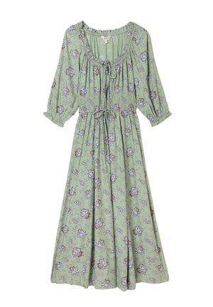 Green floral midi dress with 3/4 sleeves, gathered neckline, and waist ties, featuring blue and brown flower patterns.