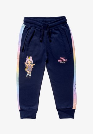 Mørkeblå joggingbukser med regnbuefarvede sidelister med en enhjørning og "Na! Na! Na! Surprise!" broderet i pink. Blødt bomuldsmateriale.