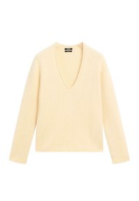 Maglione a V in beige chiaro, realizzato in morbido tessuto a maglia. Maniche lunghe, vestibilità rilassata, design semplice senza loghi o motivi visibili.