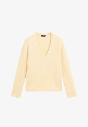 V-Ausschnitt-Pullover in hellem Beige, aus weichem Strickstoff. Lange Ärmel, lockere Passform, einfaches Design ohne sichtbare Logos oder Muster.