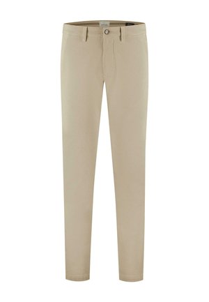 Beige katoenen trousers met een rechte pasvorm, voorzien van een knoopsluiting, voorzakken en een gladde structuur. Eenvoudig en veelzijdig ontwerp.