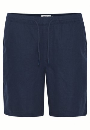 Mornarsko modri laneni kratki hlače z elastičnim pasom, trakom za zategovanje in ravnim krojem. Gladka tekstura brez vidnih vzorcev ali okraskov.
